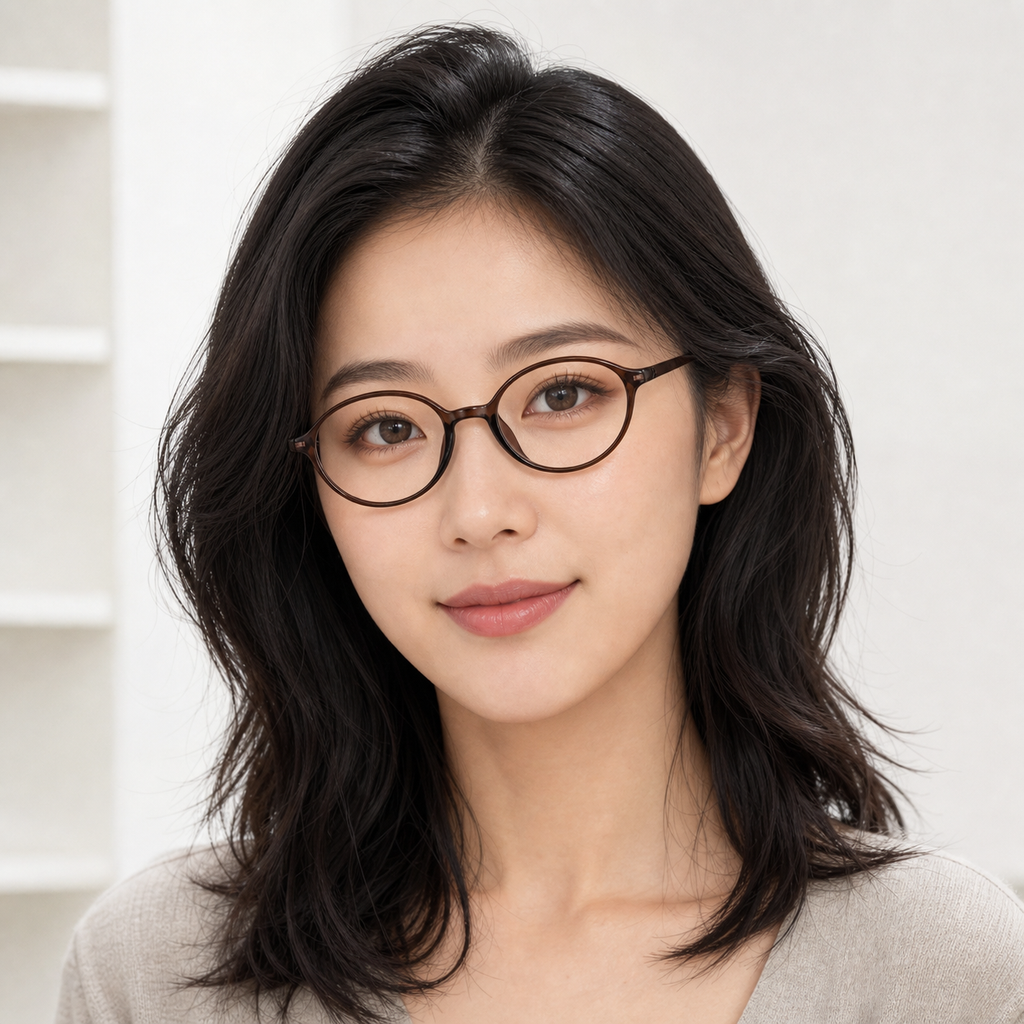Amber Brown eyeglass frame worn by an adult model, view 1