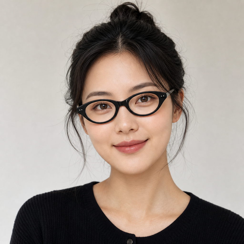 Glossy Black small oval full-rim glasses worn by an adult East Asian woman