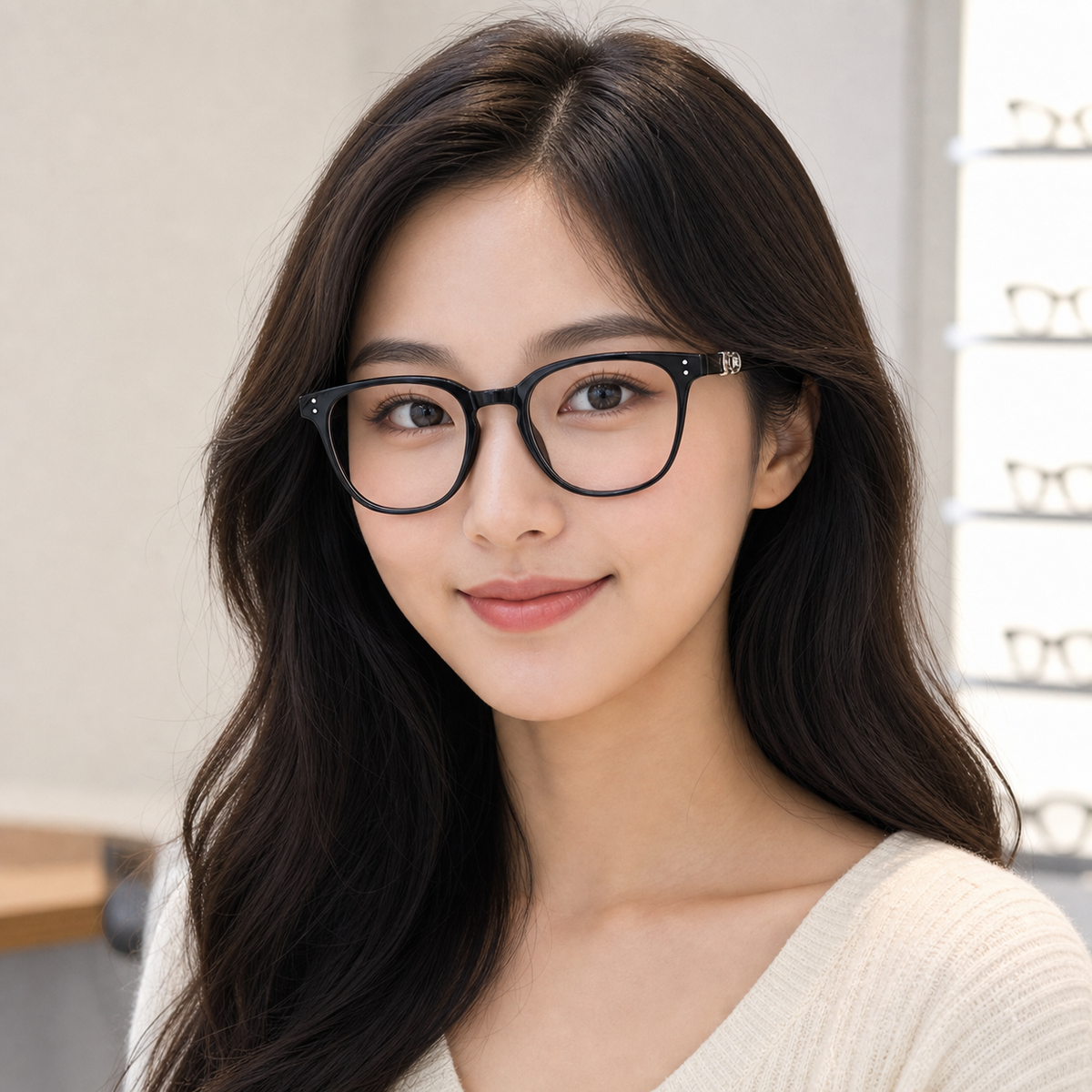 Black eyeglass frame worn by an adult model, view 1