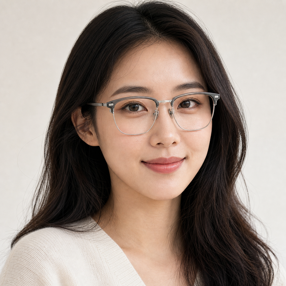 Crystal Grey/Silver eyeglass frame worn by an adult model, view 1