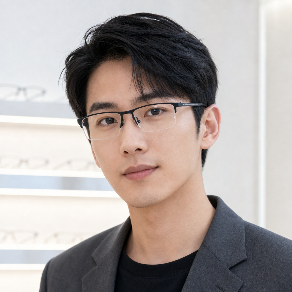 Black eyeglass frame worn by an adult model, view 1