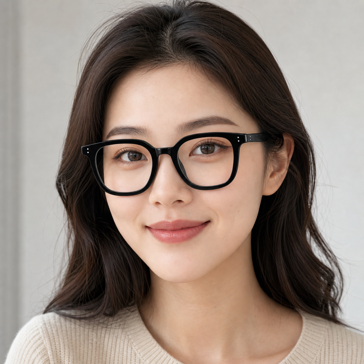 Glossy Black eyeglass frame worn by an adult model, view 1