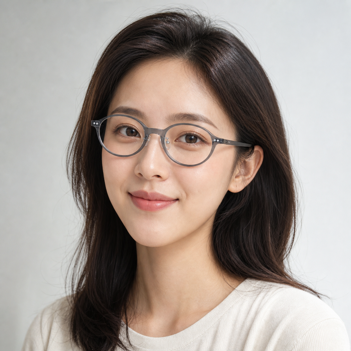 Crystal Gray eyeglass frame worn by an adult model, view 1