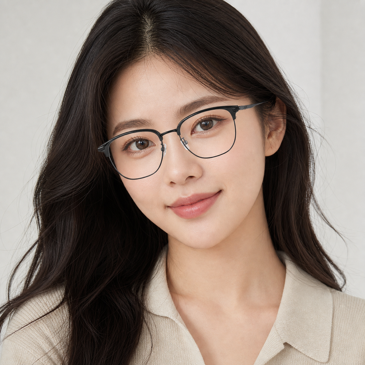 Black eyeglass frame worn by an adult model, view 1