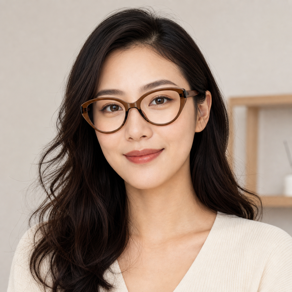 Burnt Orange eyeglass frame worn by an adult model, view 1