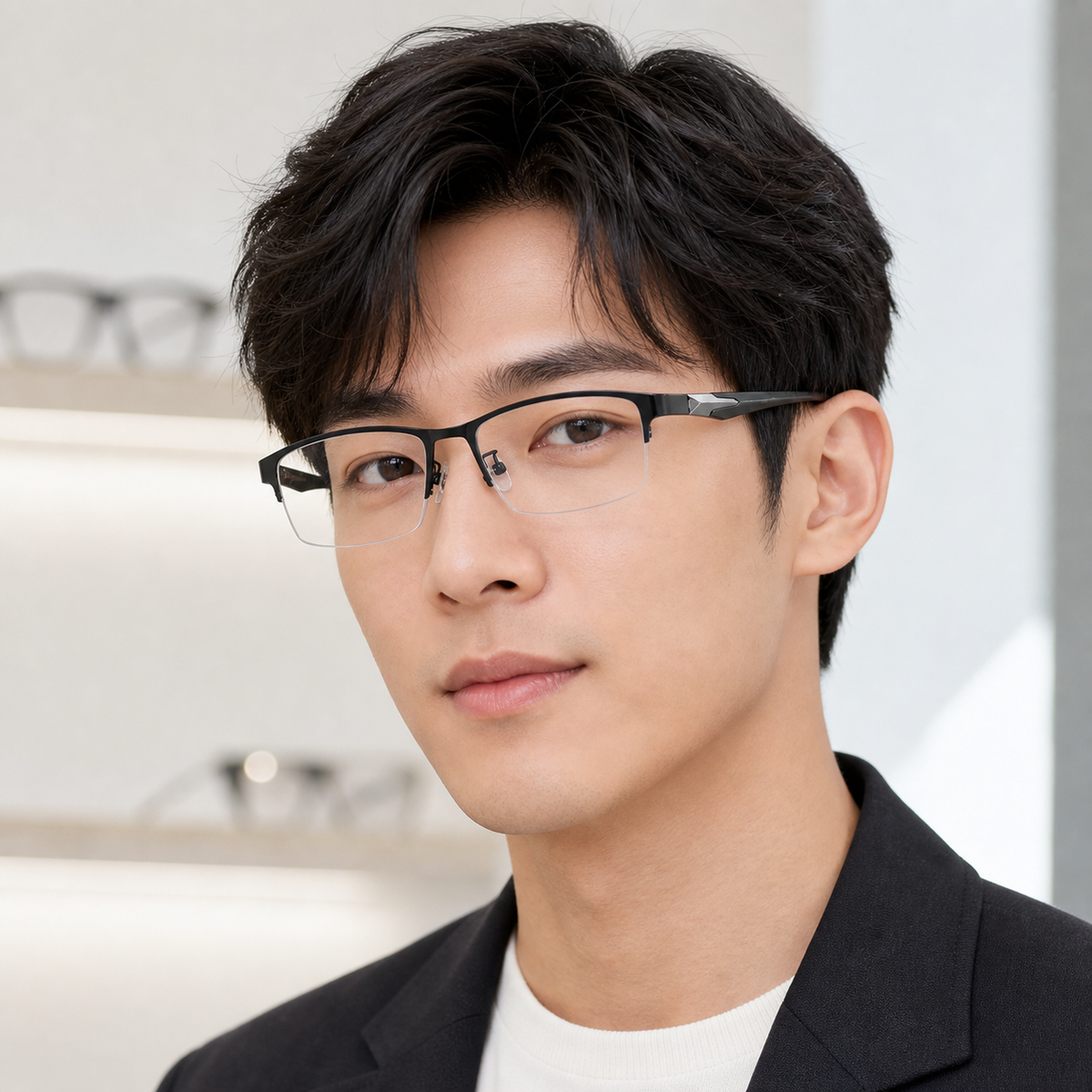 Black eyeglass frame worn by an adult model, view 1
