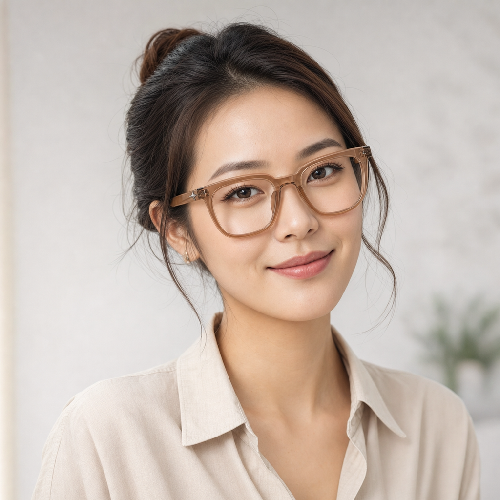 Crystal Brown eyeglass frame worn by an adult model, view 1