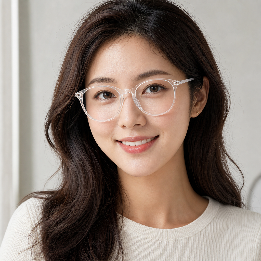 Crystal White eyeglass frame worn by an adult model, view 1