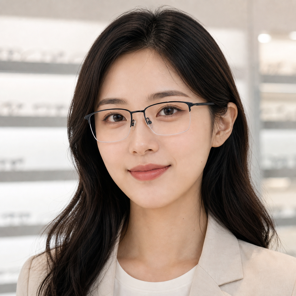 Black eyeglass frame worn by an adult model, view 1
