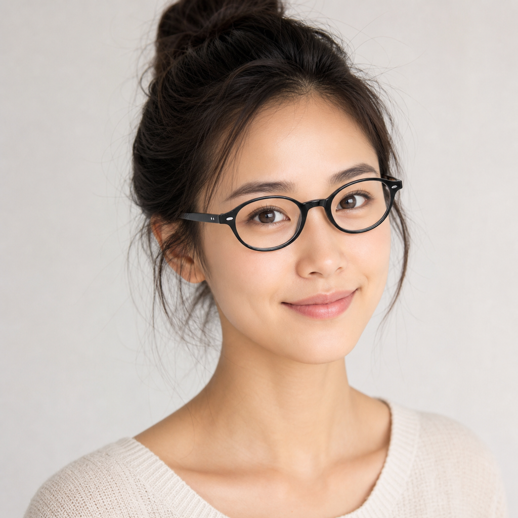 Glossy Black eyeglass frame worn by an adult model, view 1