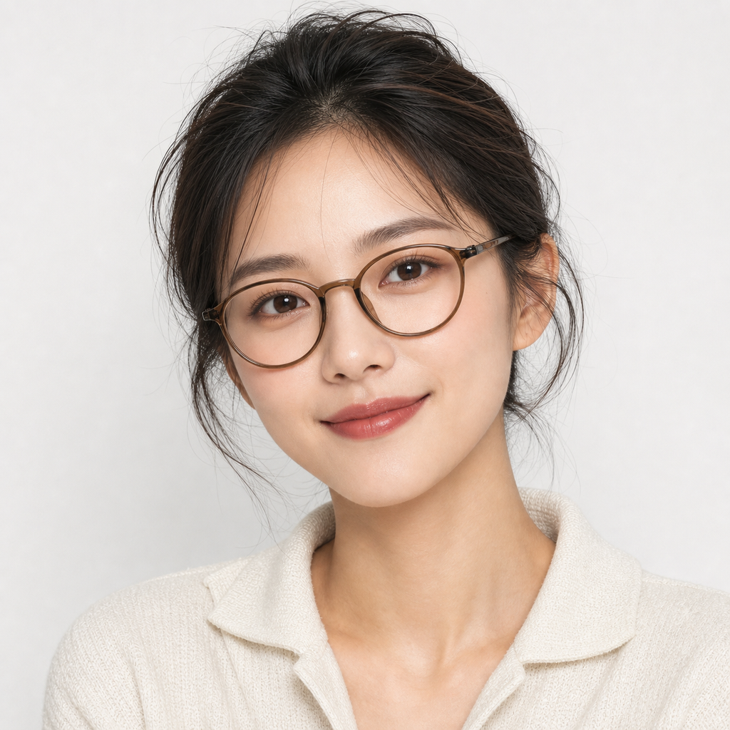 Cool Tea Brown eyeglass frame worn by an adult model, view 1