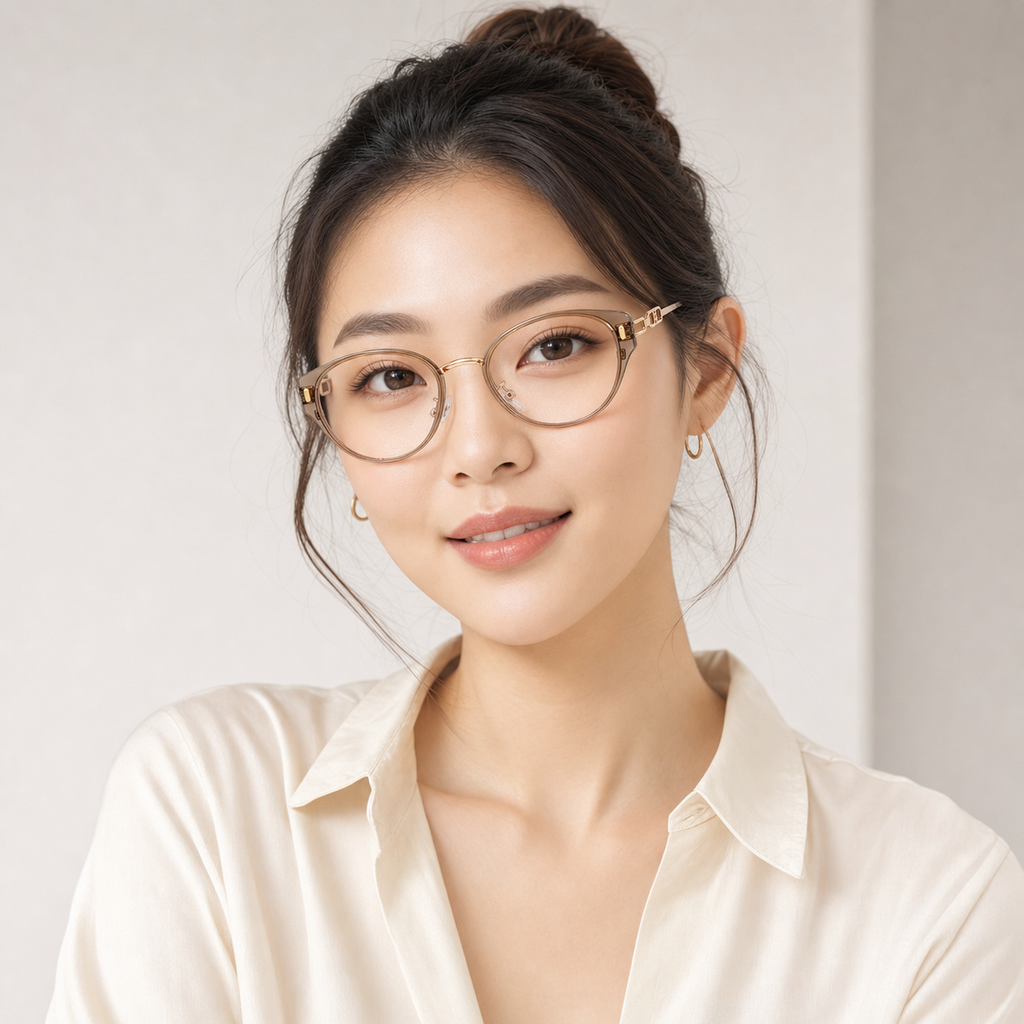 Amber Brown eyeglass frame worn by an adult model, view 1