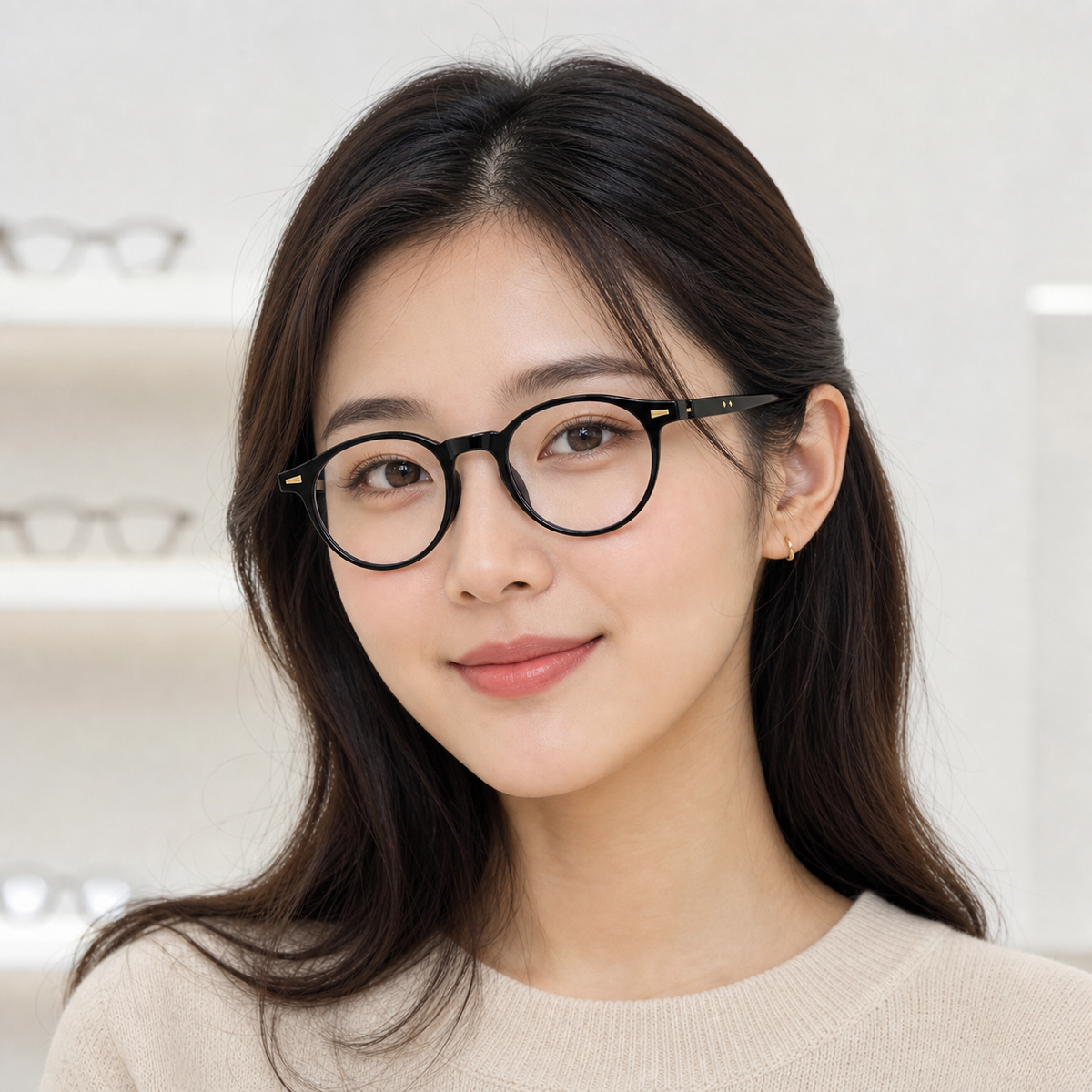 Glossy Black eyeglass frame worn by an adult model, view 1