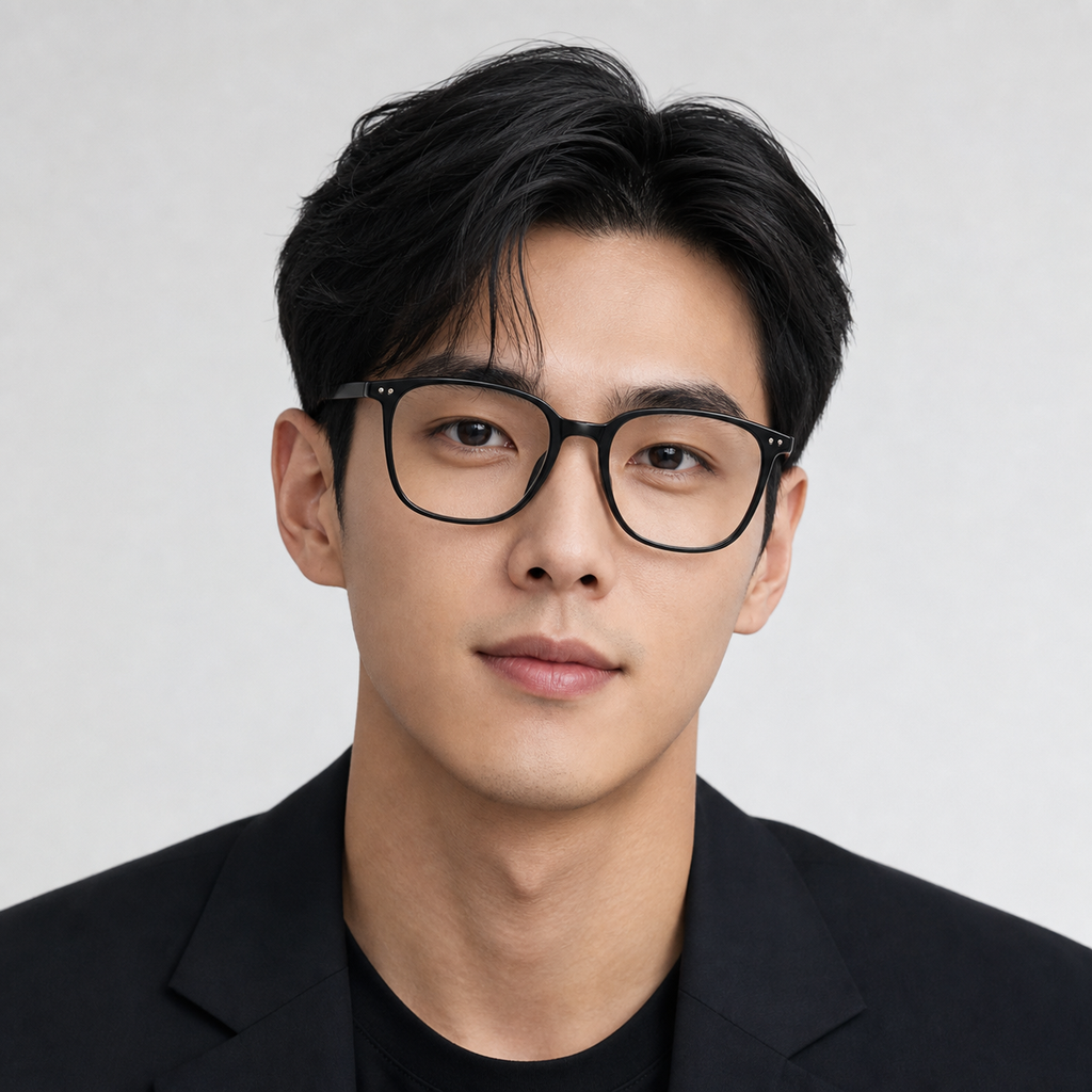 Black eyeglass frame worn by an adult model, view 1