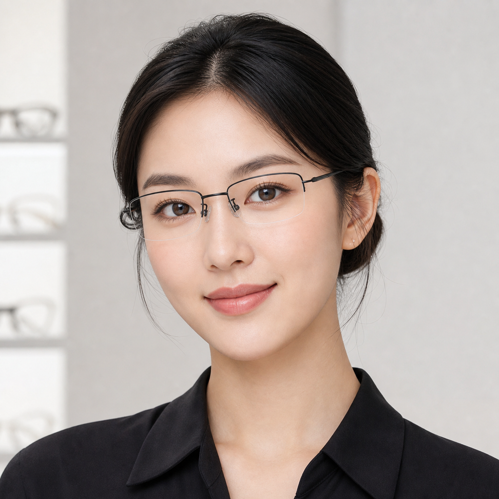 Black eyeglass frame worn by an adult model, view 1