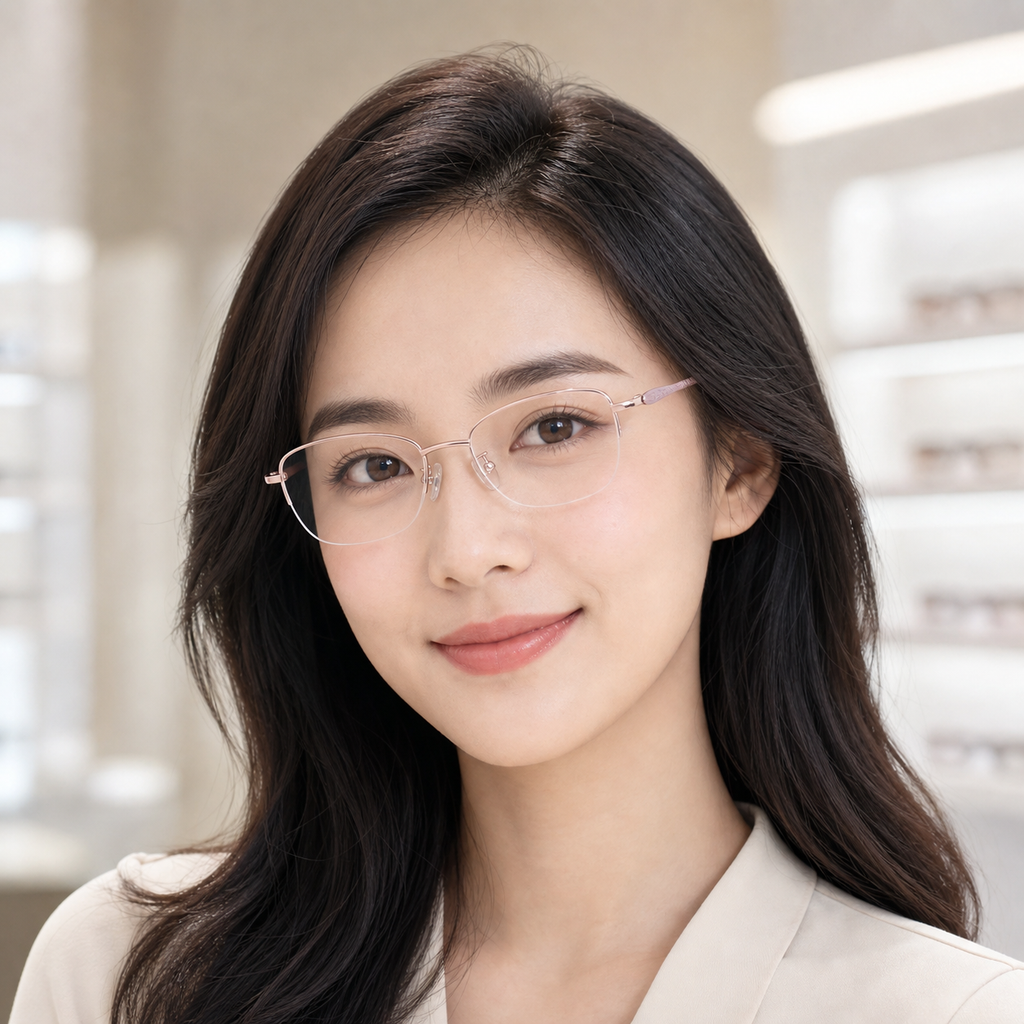 Pink eyeglass frame worn by an adult model, view 1