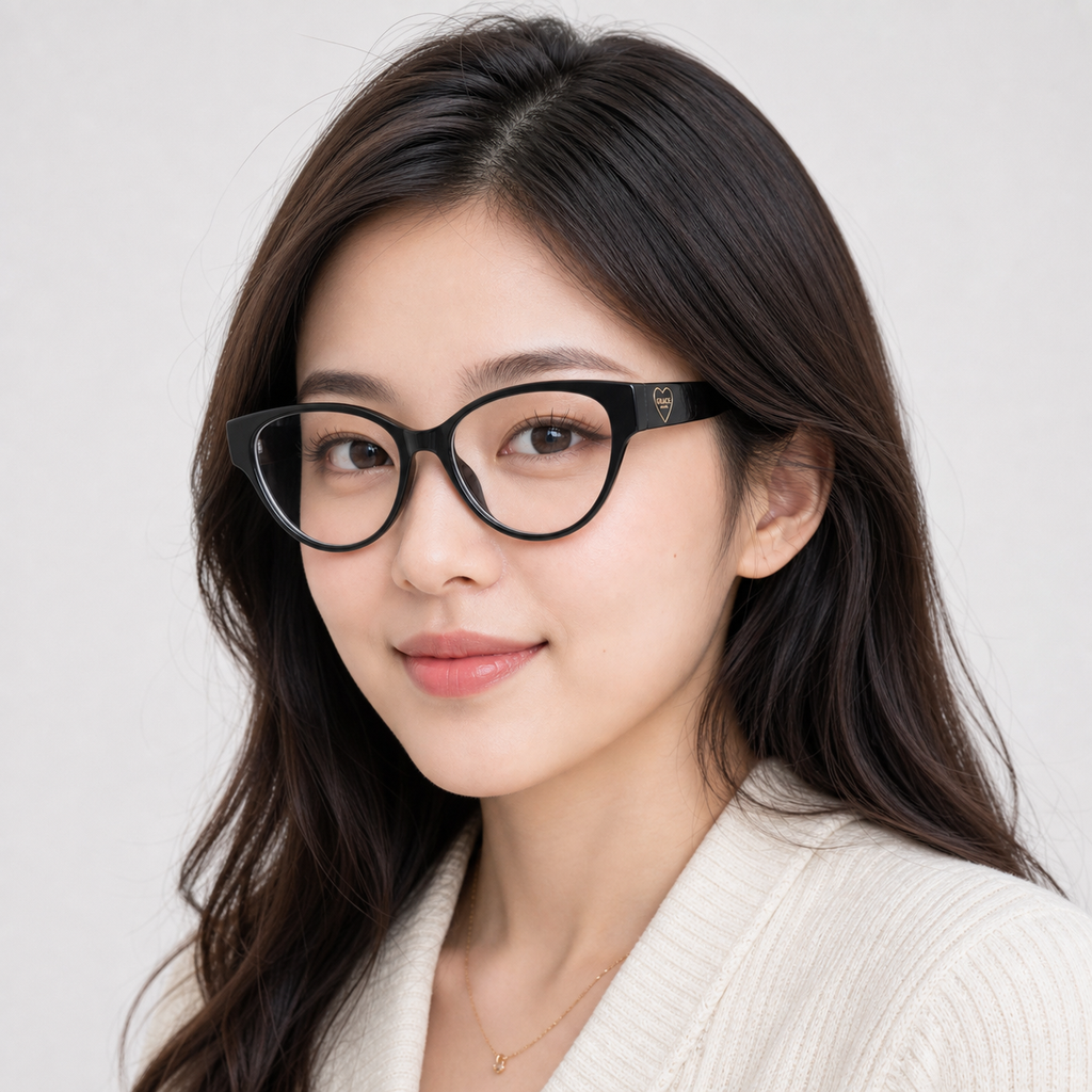 Black eyeglass frame worn by an adult model, view 1