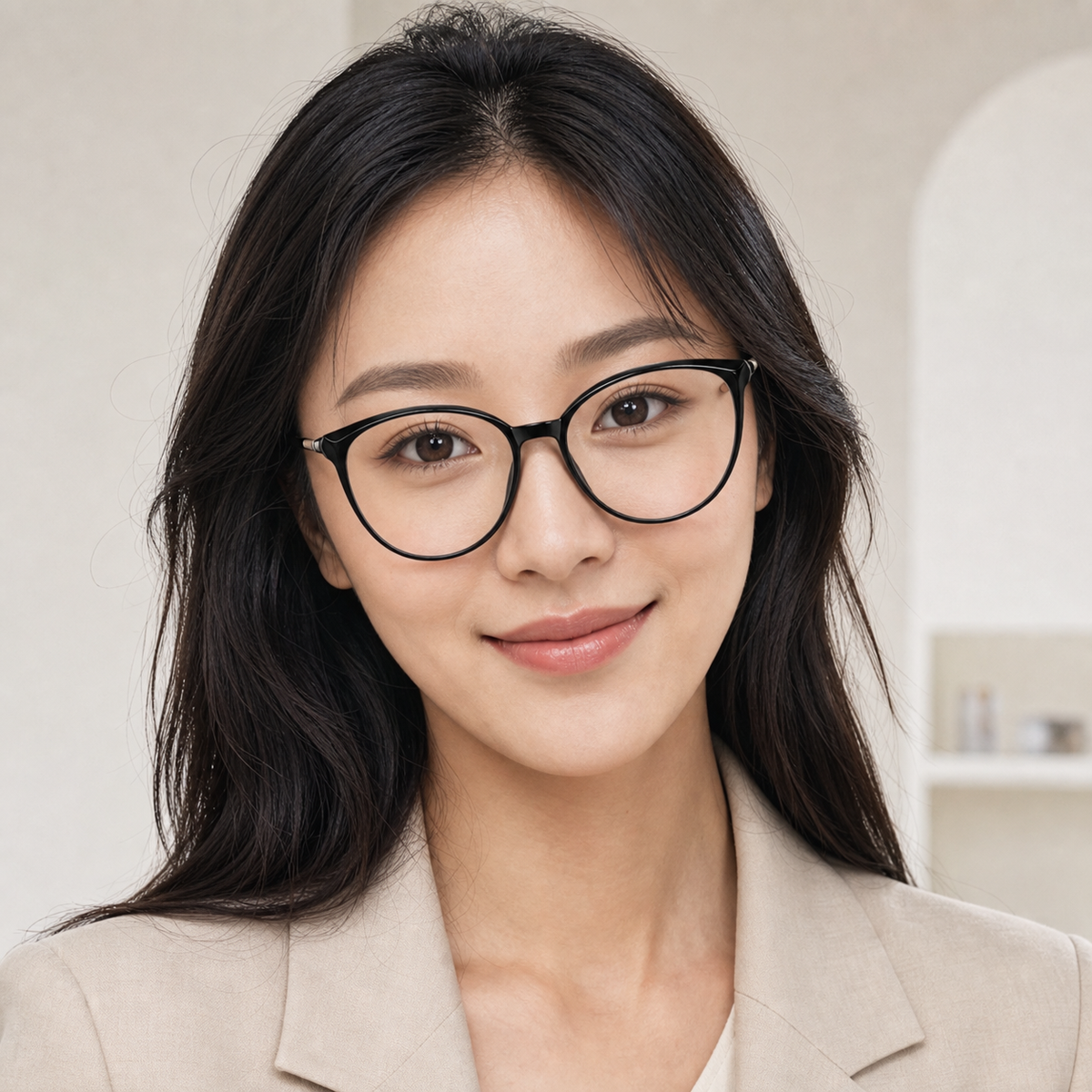 Glossy Black eyeglass frame worn by an adult model, view 1
