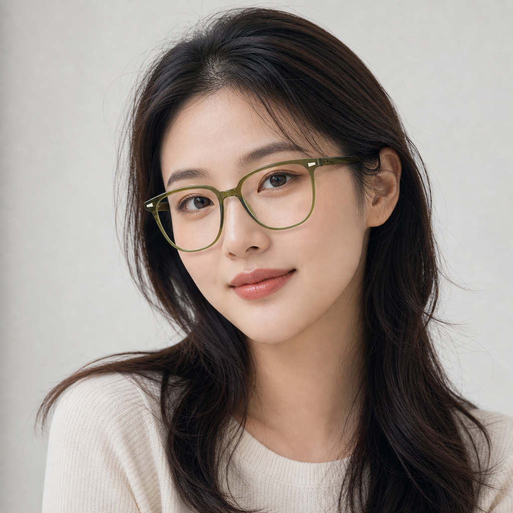 Olive Green eyeglass frame worn by an adult model, view 1