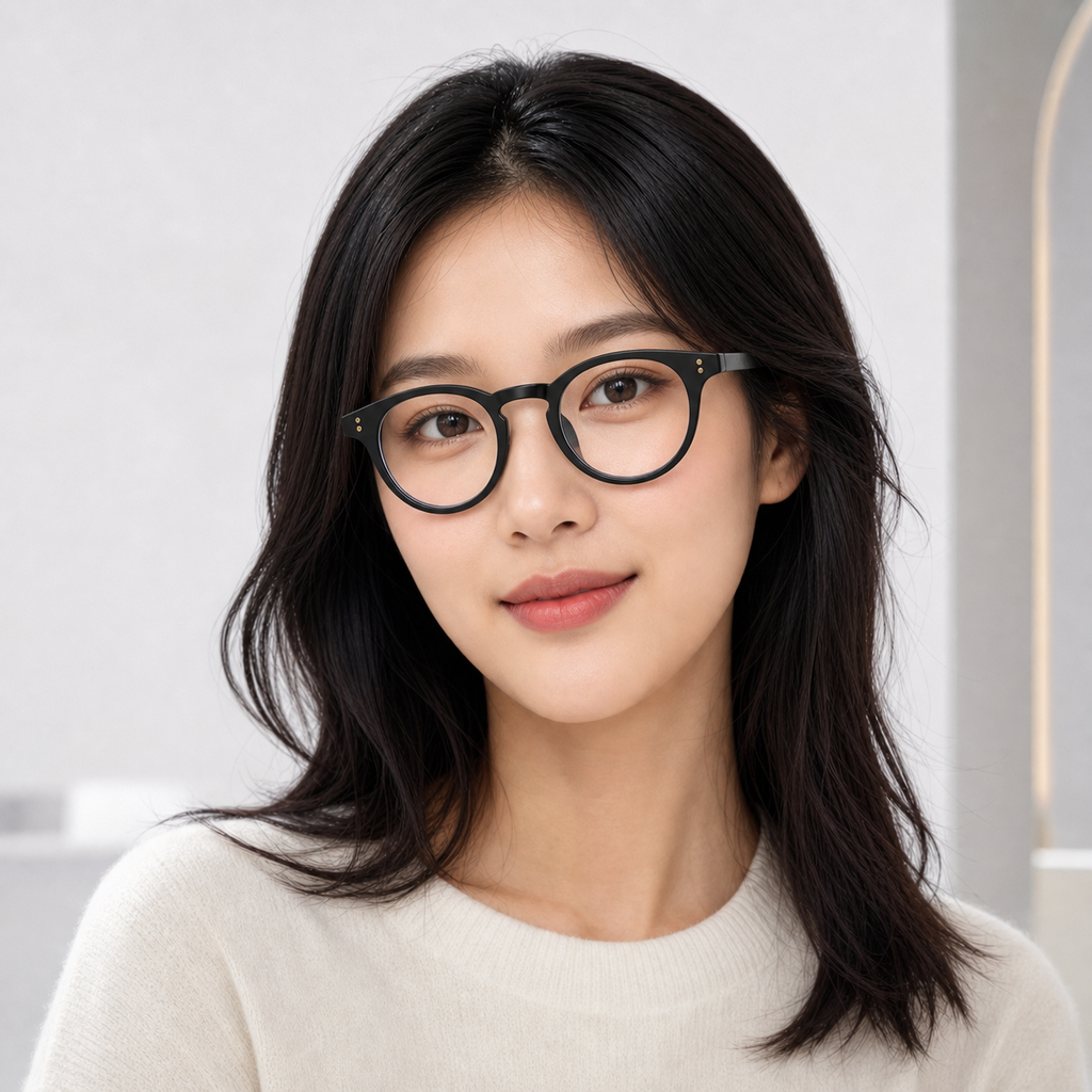 Black eyeglass frame worn by an adult model, view 1