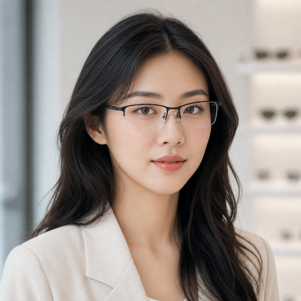 Black eyeglass frame worn by an adult model, view 1