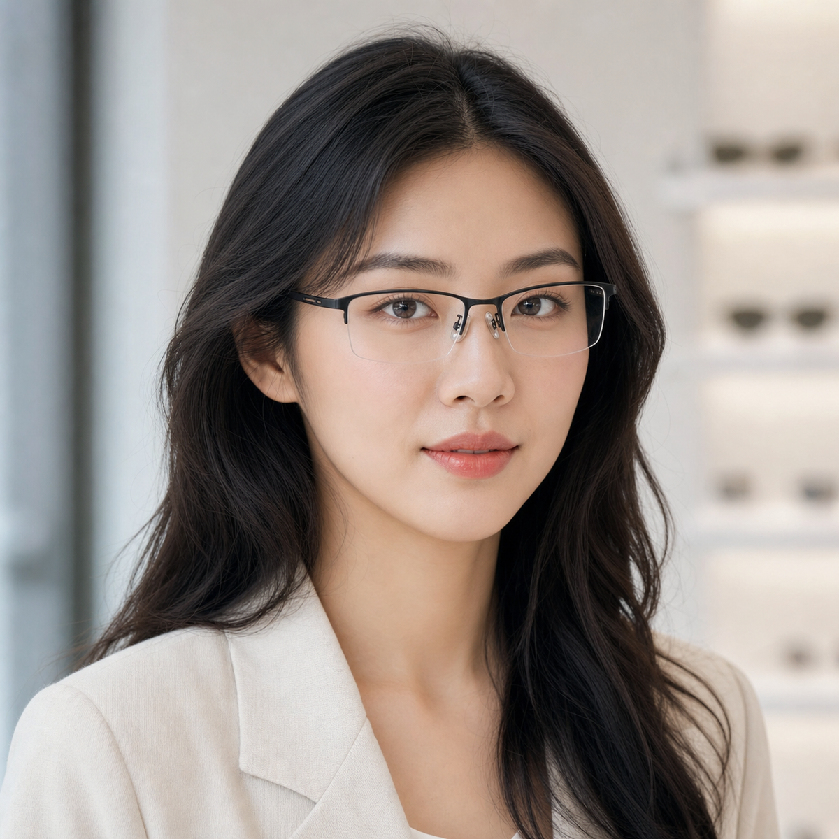 Black eyeglass frame worn by an adult model, view 1