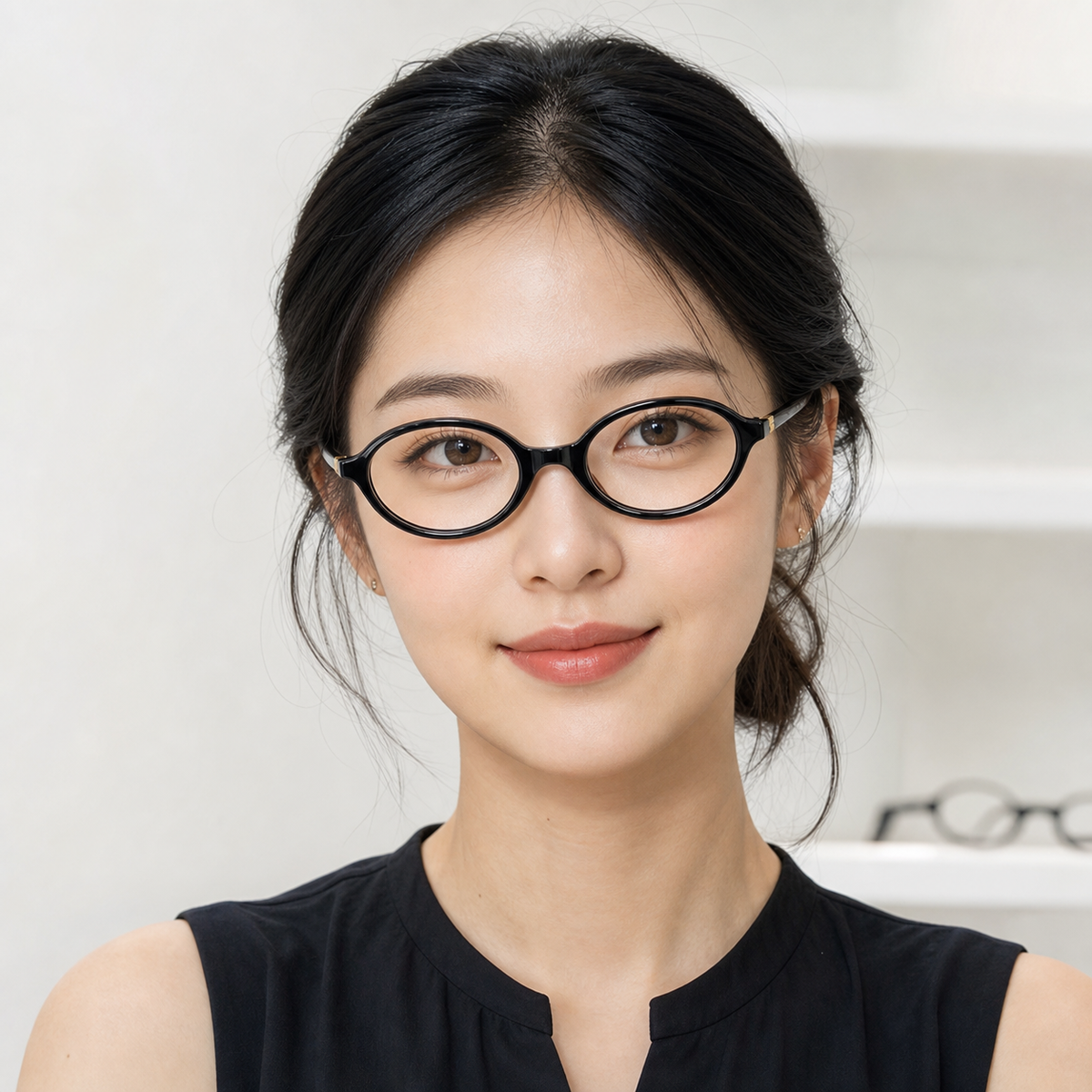 Glossy Black eyeglass frame worn by an adult model, view 1