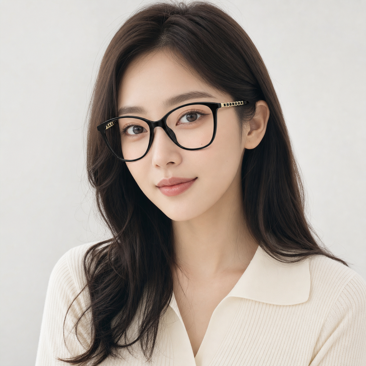 Glossy Black eyeglass frame worn by an adult model, view 1