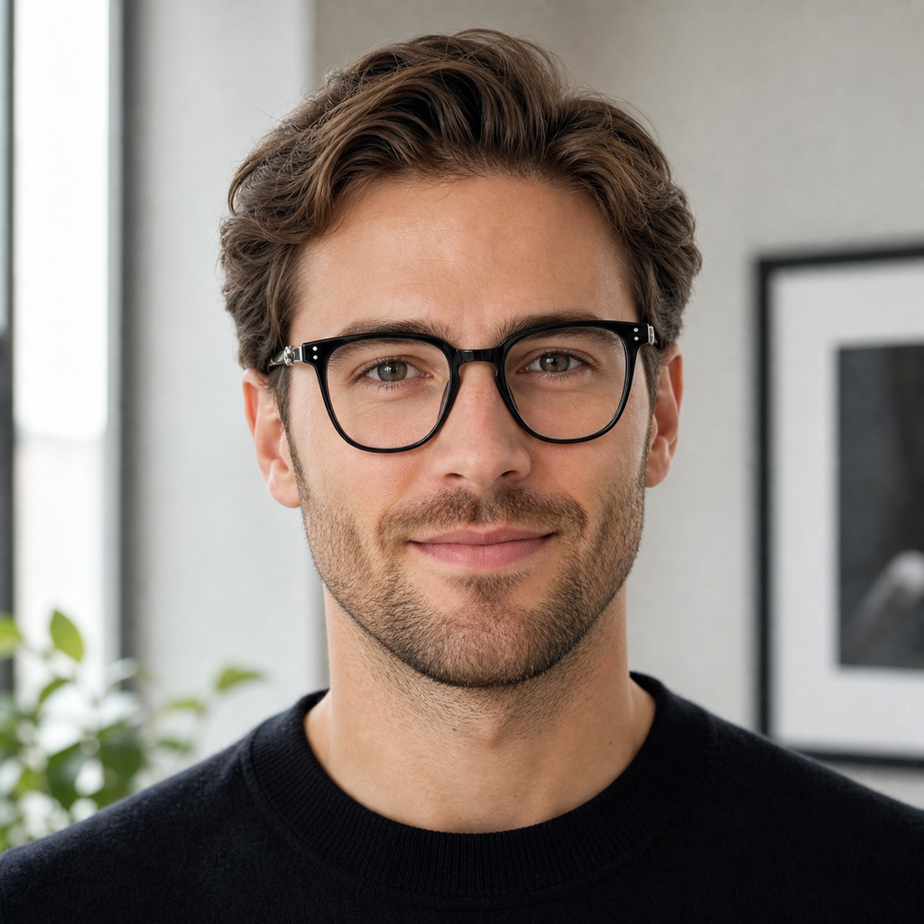 Black eyeglass frame worn by an adult model, view 2
