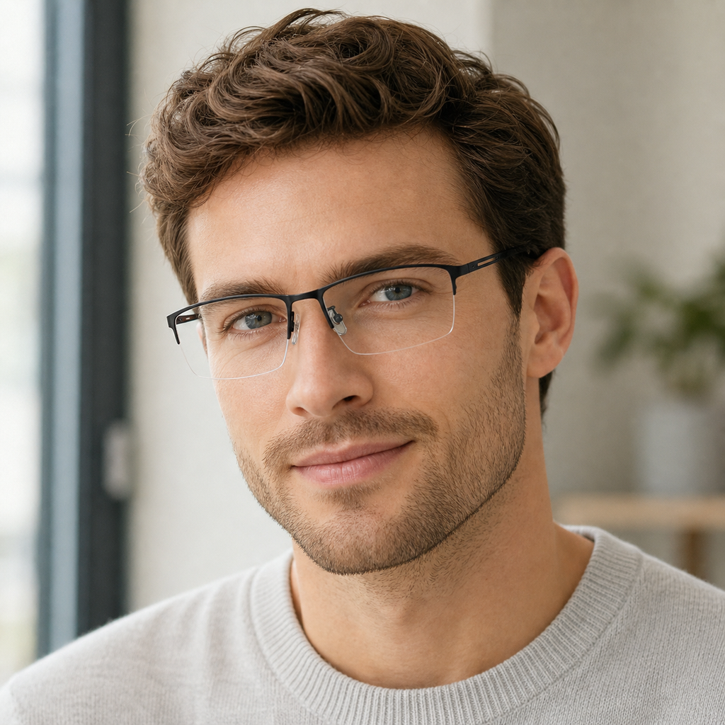 Black eyeglass frame worn by an adult model, view 2