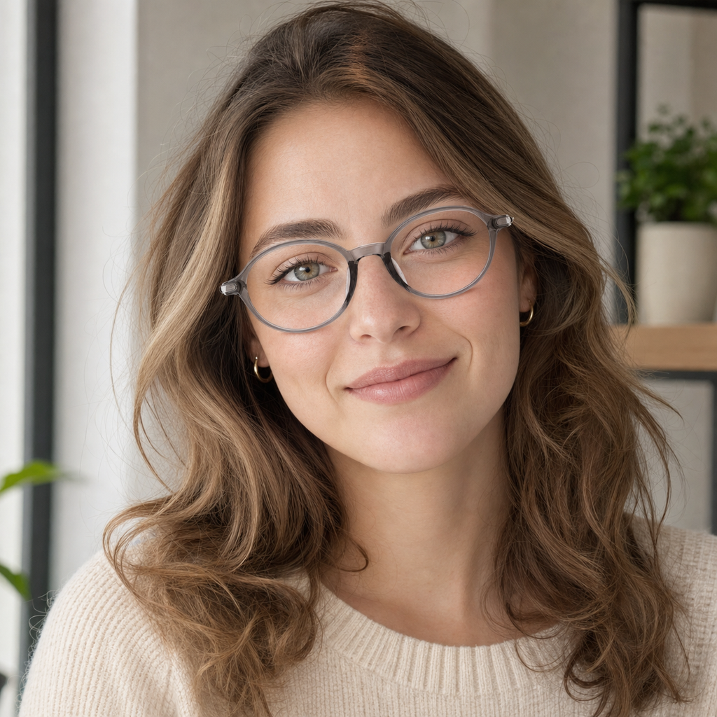 Crystal Gray small oval full-rim glasses worn by an adult White woman