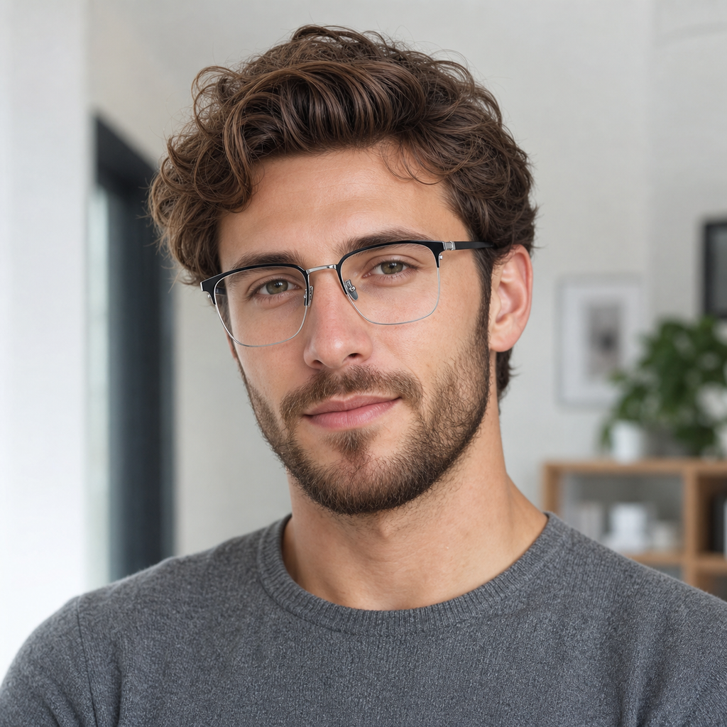 Black/Silver eyeglass frame worn by an adult model, view 2