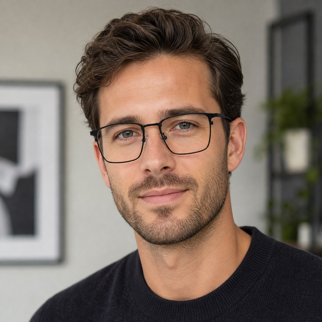 Black eyeglass frame worn by an adult model, view 2