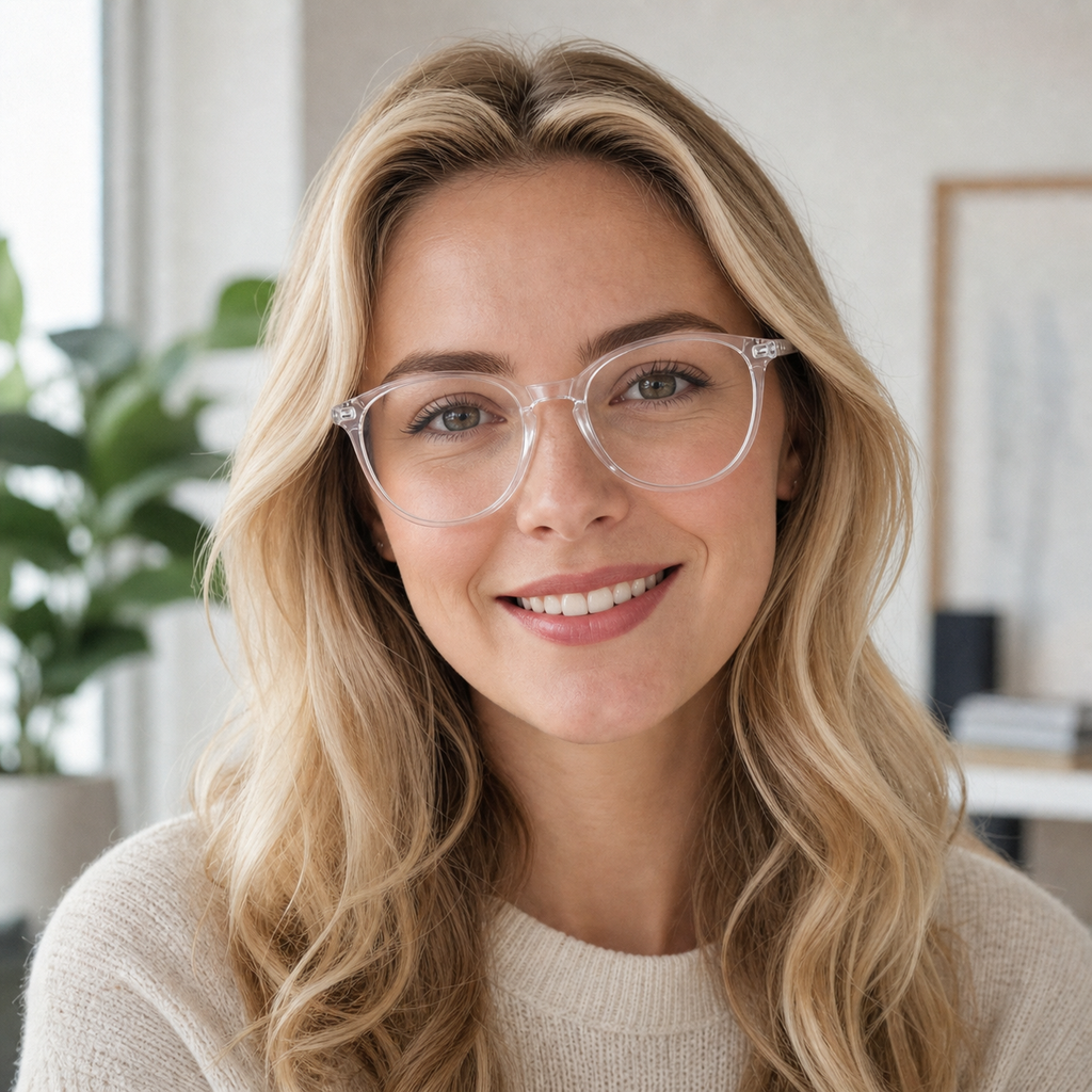 Crystal White eyeglass frame worn by an adult model, view 2