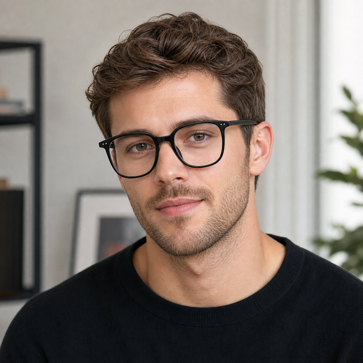 Black eyeglass frame worn by an adult model, view 2