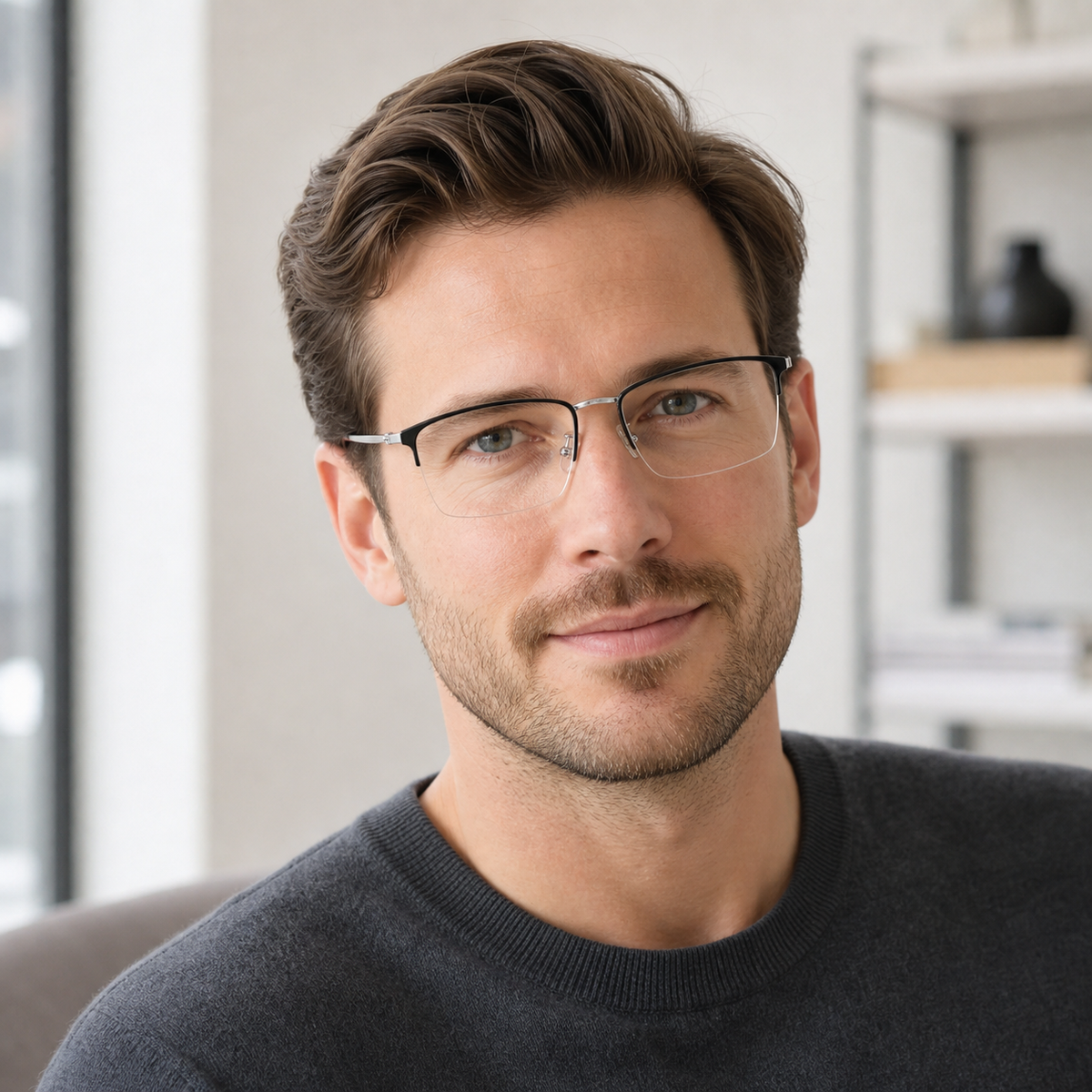 Black/Silver eyeglass frame worn by an adult model, view 2