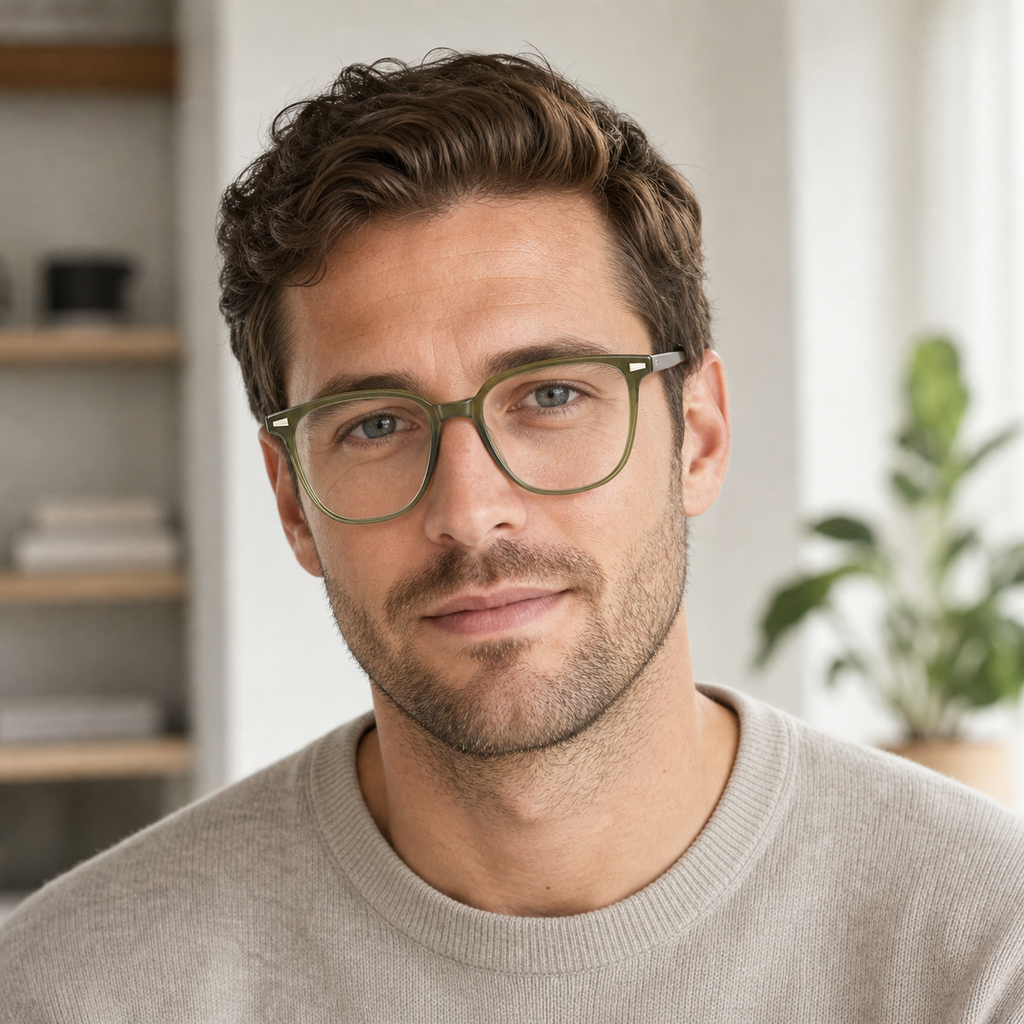 Olive Green eyeglass frame worn by an adult model, view 2