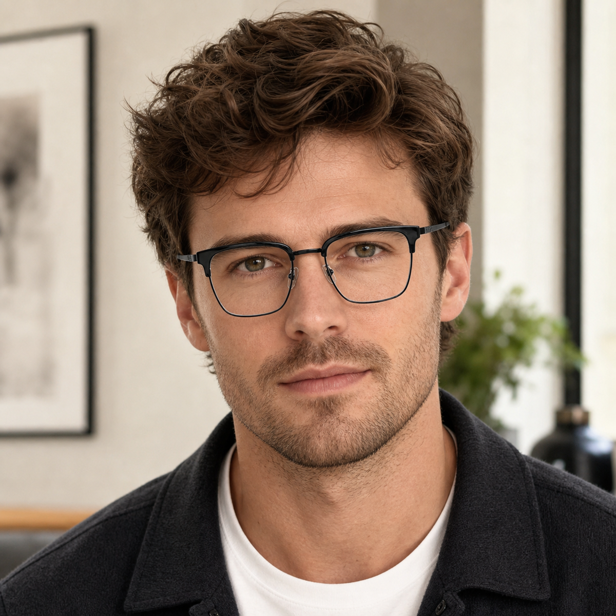 Black eyeglass frame worn by an adult model, view 2