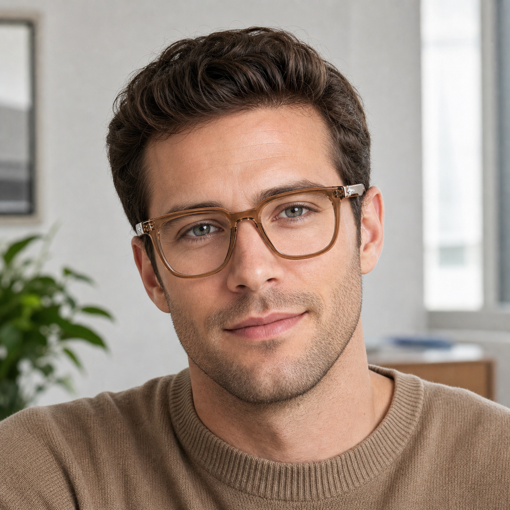 Crystal Brown eyeglass frame worn by an adult model, view 2