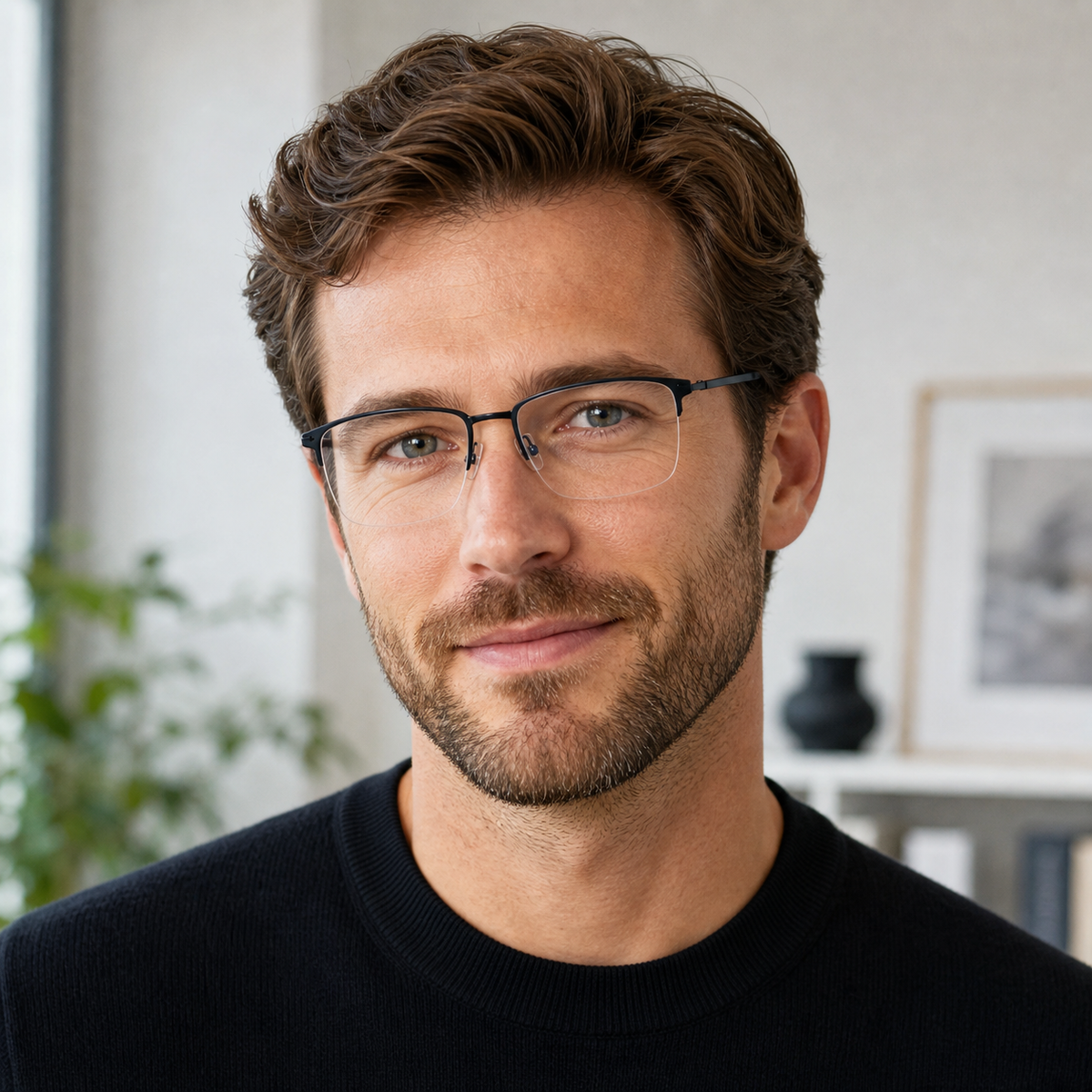 Black eyeglass frame worn by an adult model, view 2