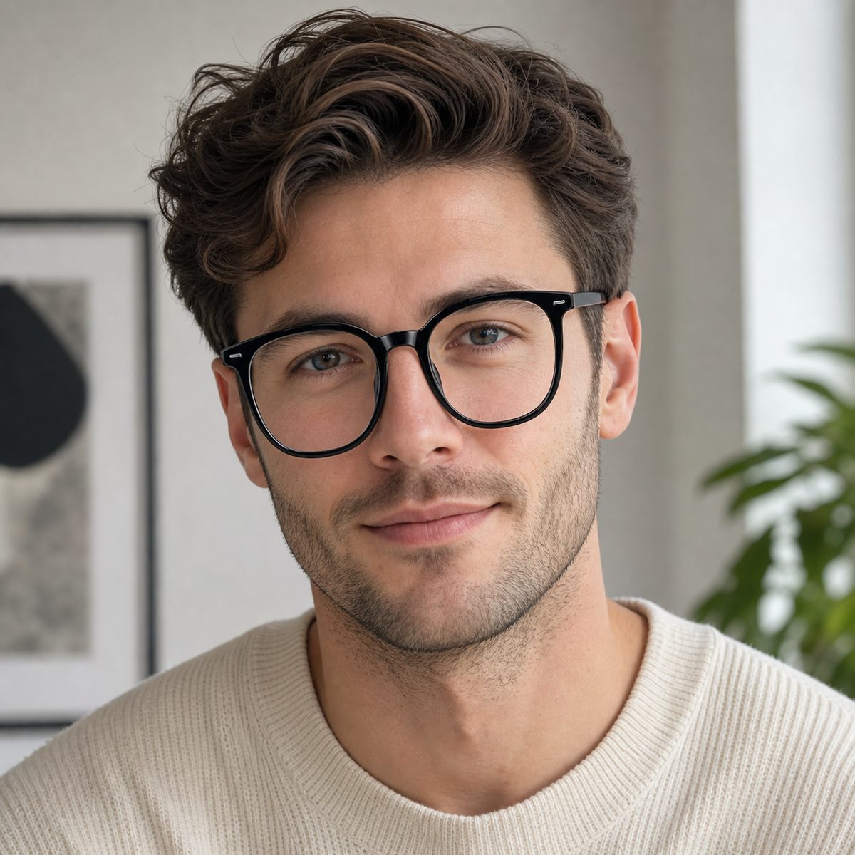 Black eyeglass frame worn by an adult model, view 2