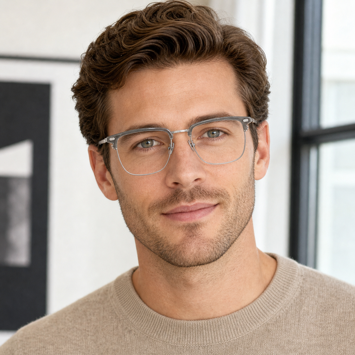 Crystal Grey/Silver eyeglass frame worn by an adult model, view 2