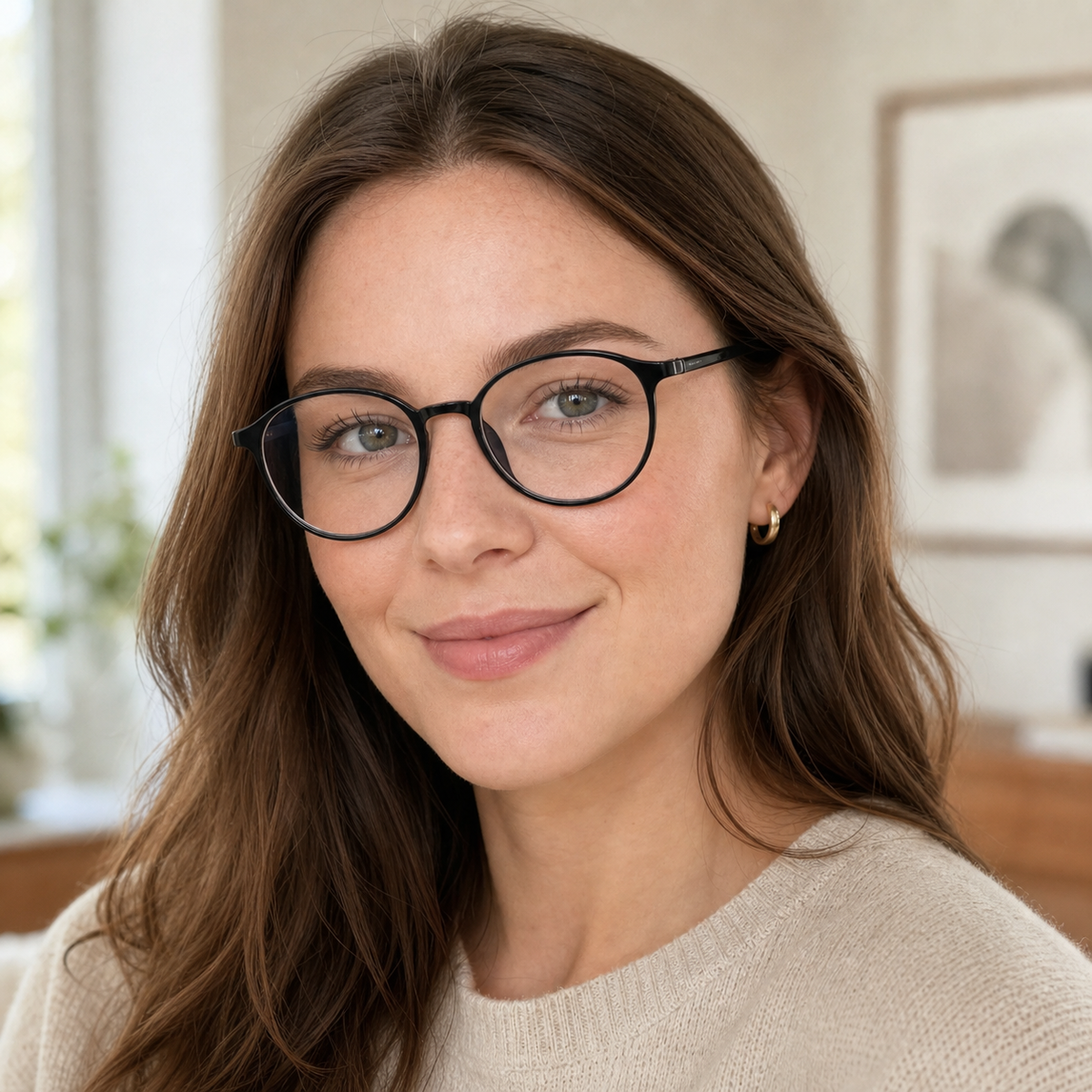 Glossy Black eyeglass frame worn by an adult model, view 2