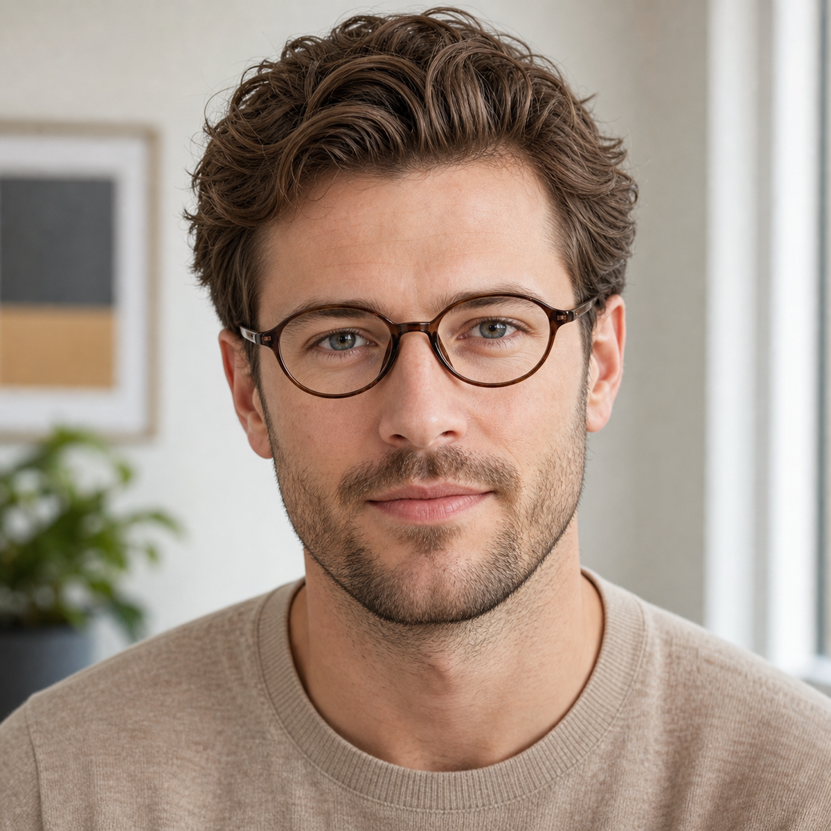 Amber Brown eyeglass frame worn by an adult model, view 2