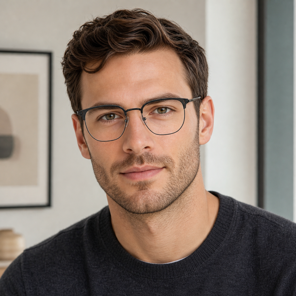 Black eyeglass frame worn by an adult model, view 2