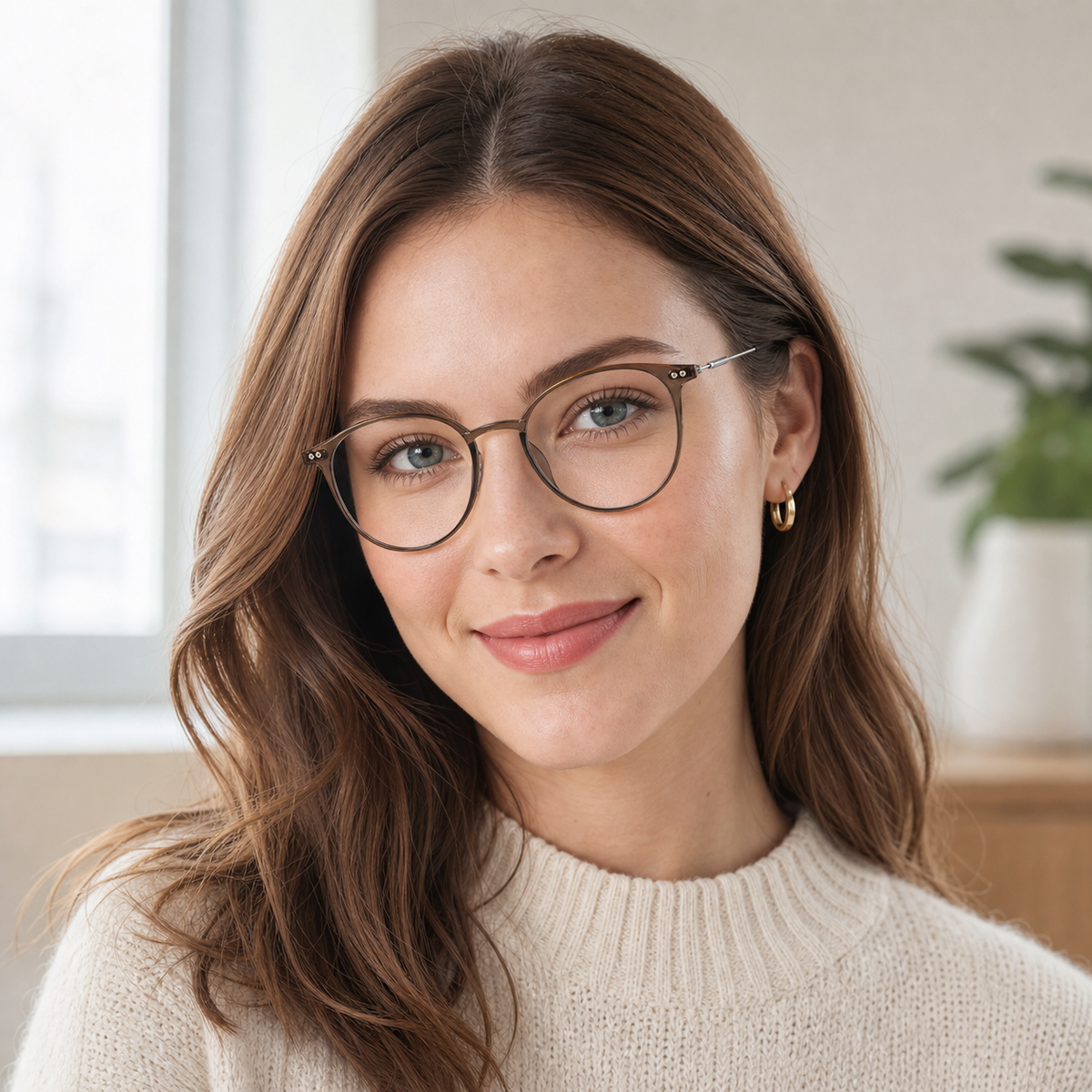 Cool Tea Brown eyeglass frame worn by an adult model, view 2