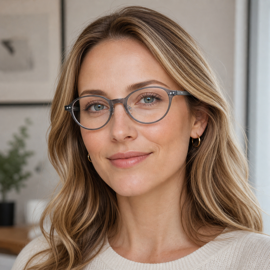 Crystal Gray eyeglass frame worn by an adult model, view 2