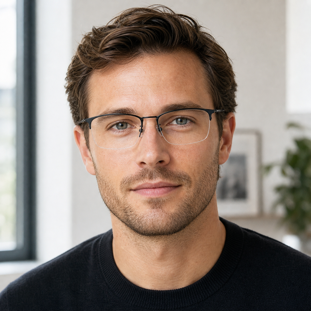 Black eyeglass frame worn by an adult model, view 2
