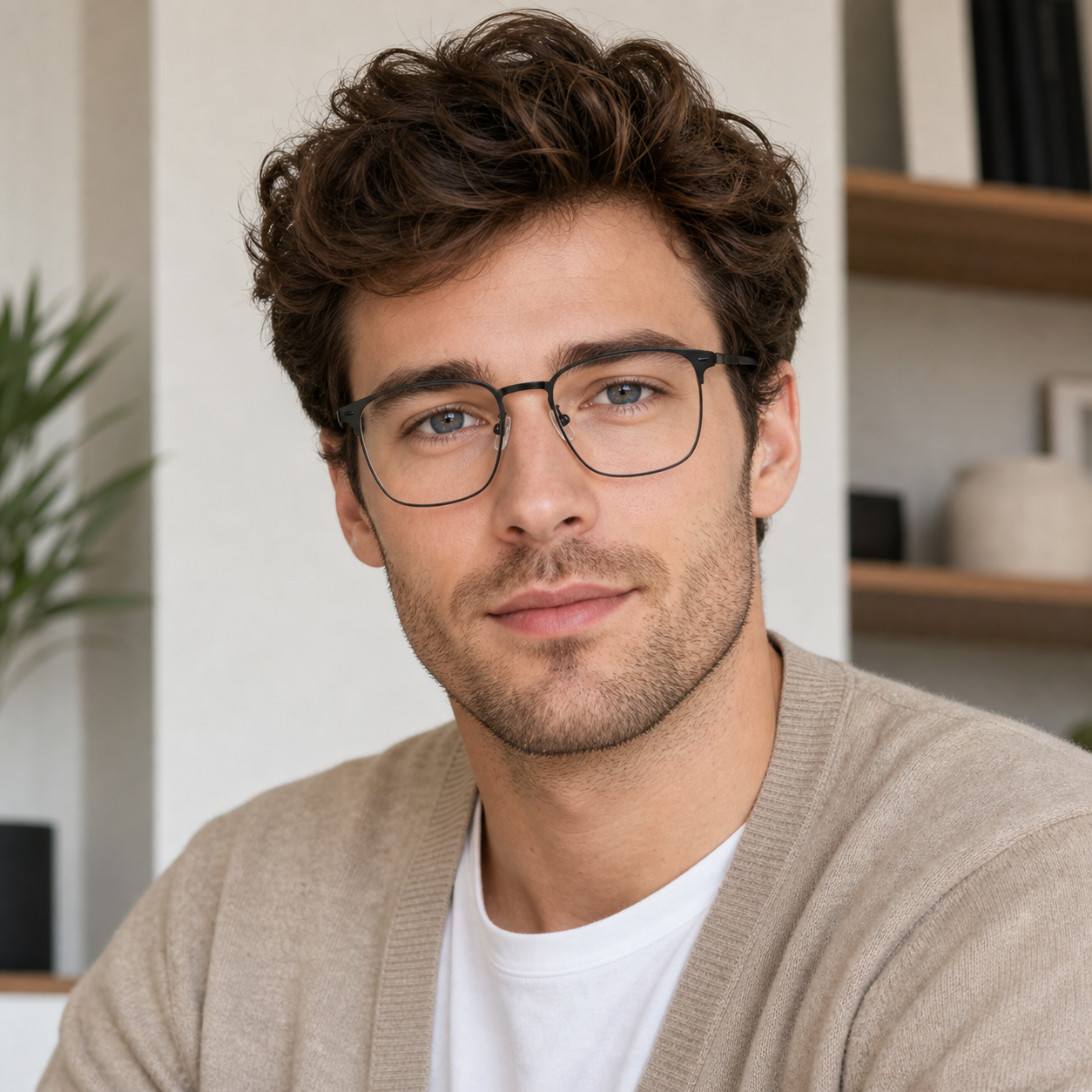 Matte Black eyeglass frame worn by an adult model, view 2