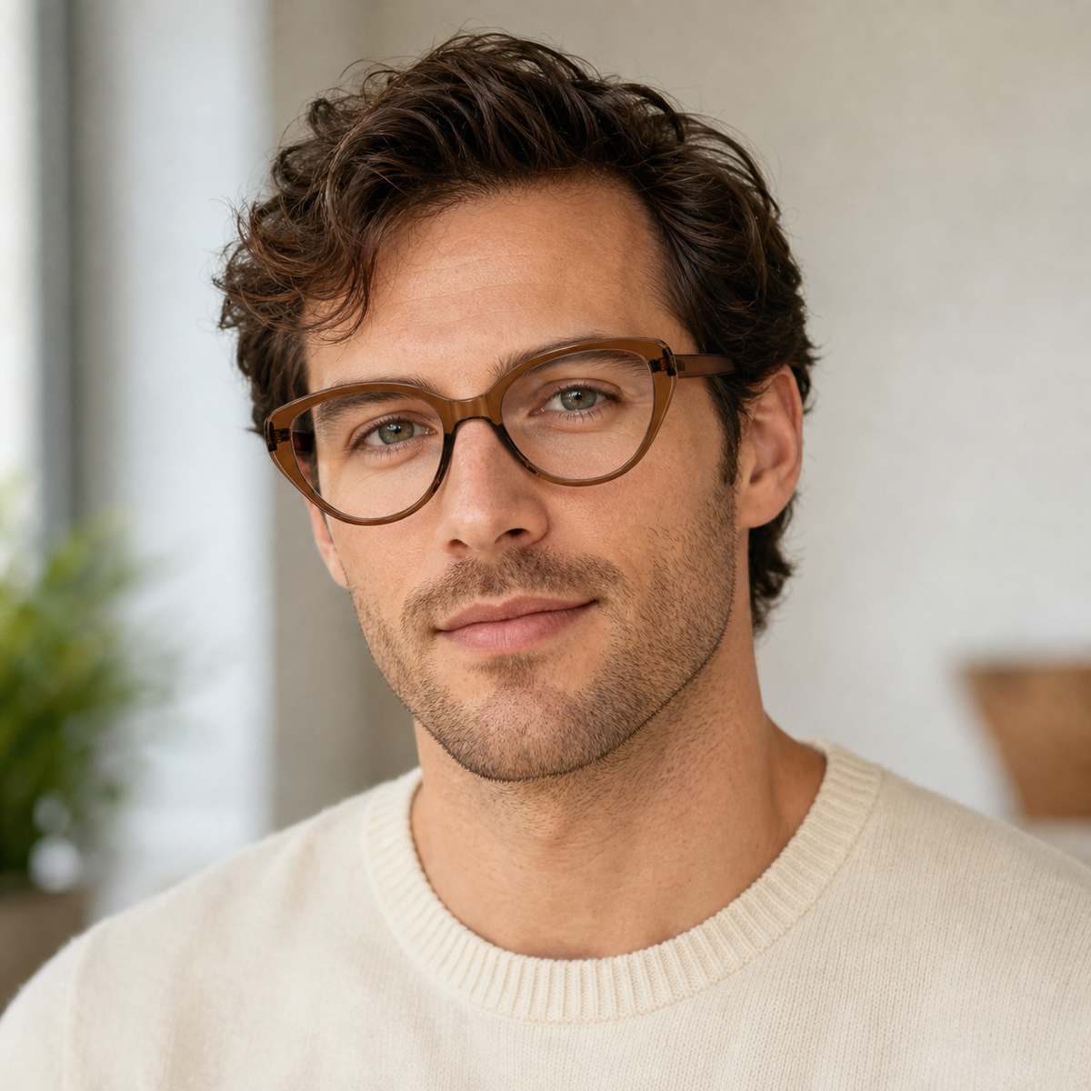 Burnt Orange eyeglass frame worn by an adult model, view 2